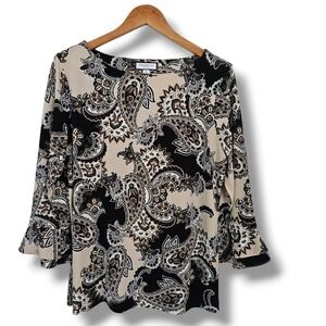 Charter Club Top PXL Womens Black Paisley Bell Sleeve Stretch Boat Neck Whimsy
